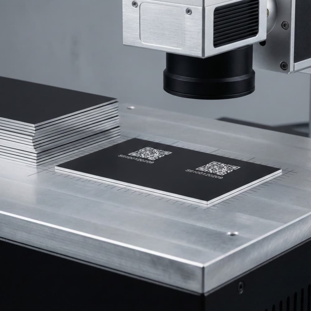 Laser przemysłowy wykonujący grawer na czarnych tabliczkach z kodem QR na stole roboczym, obok ułożony stos materiału