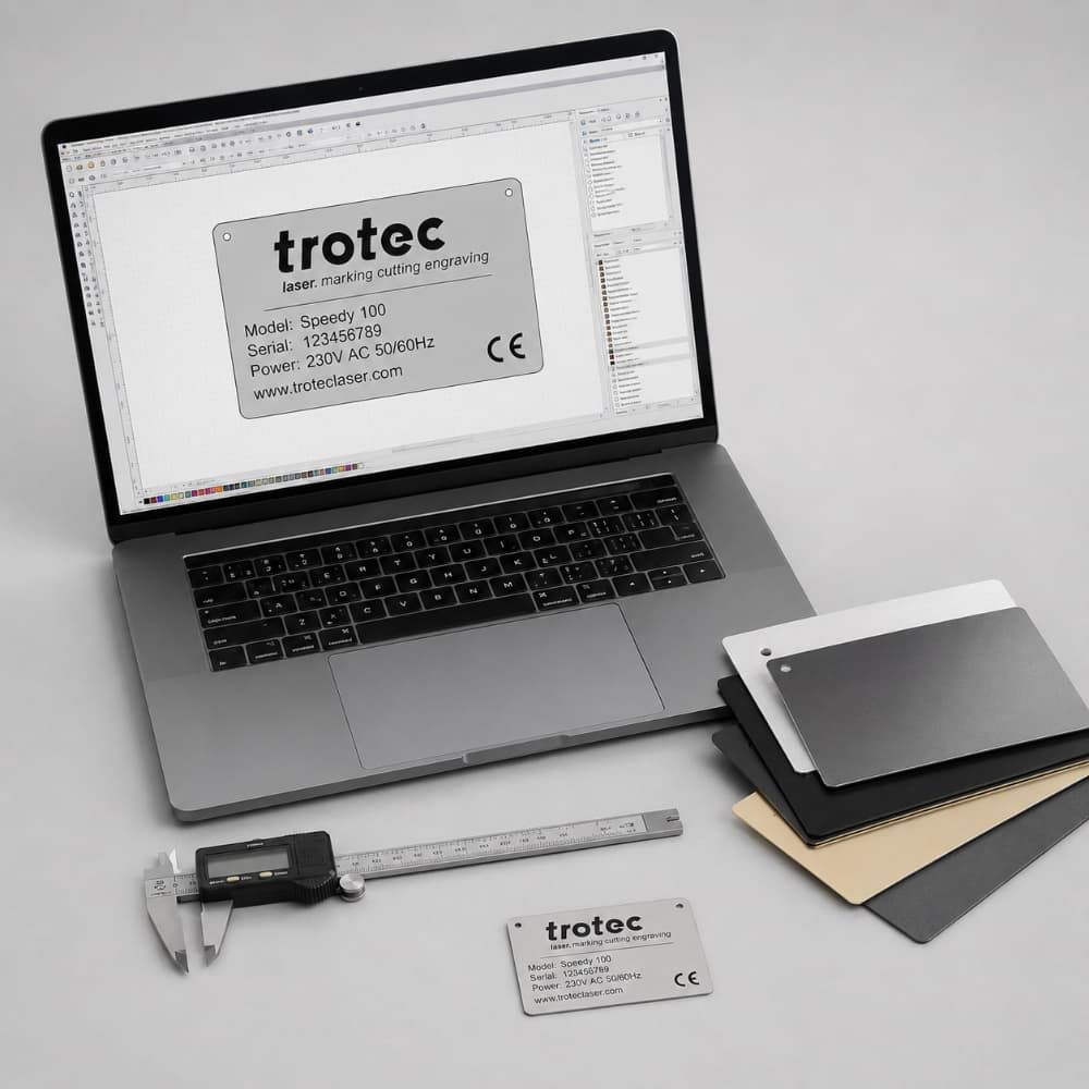 Projekt tabliczki przygotowywany na laptopie obok próbek laminatu i narzędzi pomiarowych