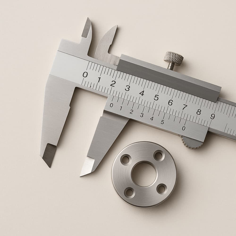 Stalowa suwmiarka i precyzyjnie obrobiony element metalowy na jasnym tle — symbol dokładności i powtarzalności w grawerowaniu.